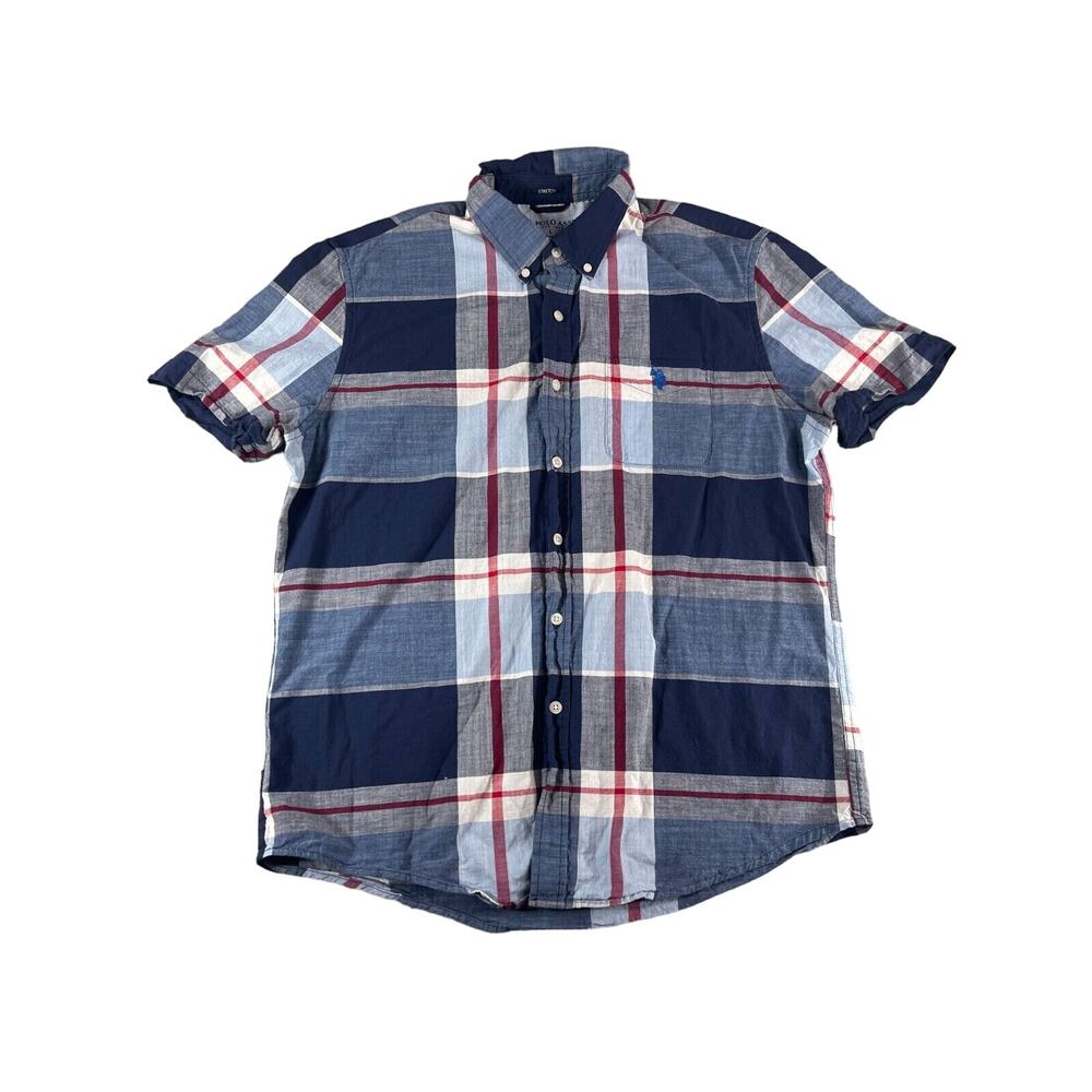 US Polo Assn Shirts Mens Large Blue Plaid Button Up Stretch Short Sleeve
